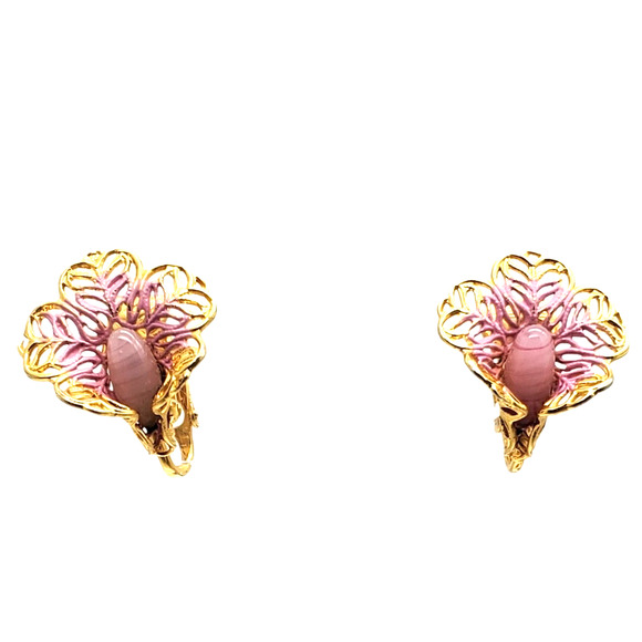Pink Glass Flower Brooch & Clip Earrings Gold Tone Filigree Pin Enamel Moonglow